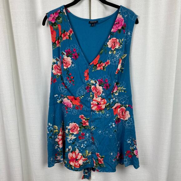 Torrid Blue Floral Rayon Slub Button Up With Waist Detail Tank Blouse Sz.3 - Picture 6 of 16